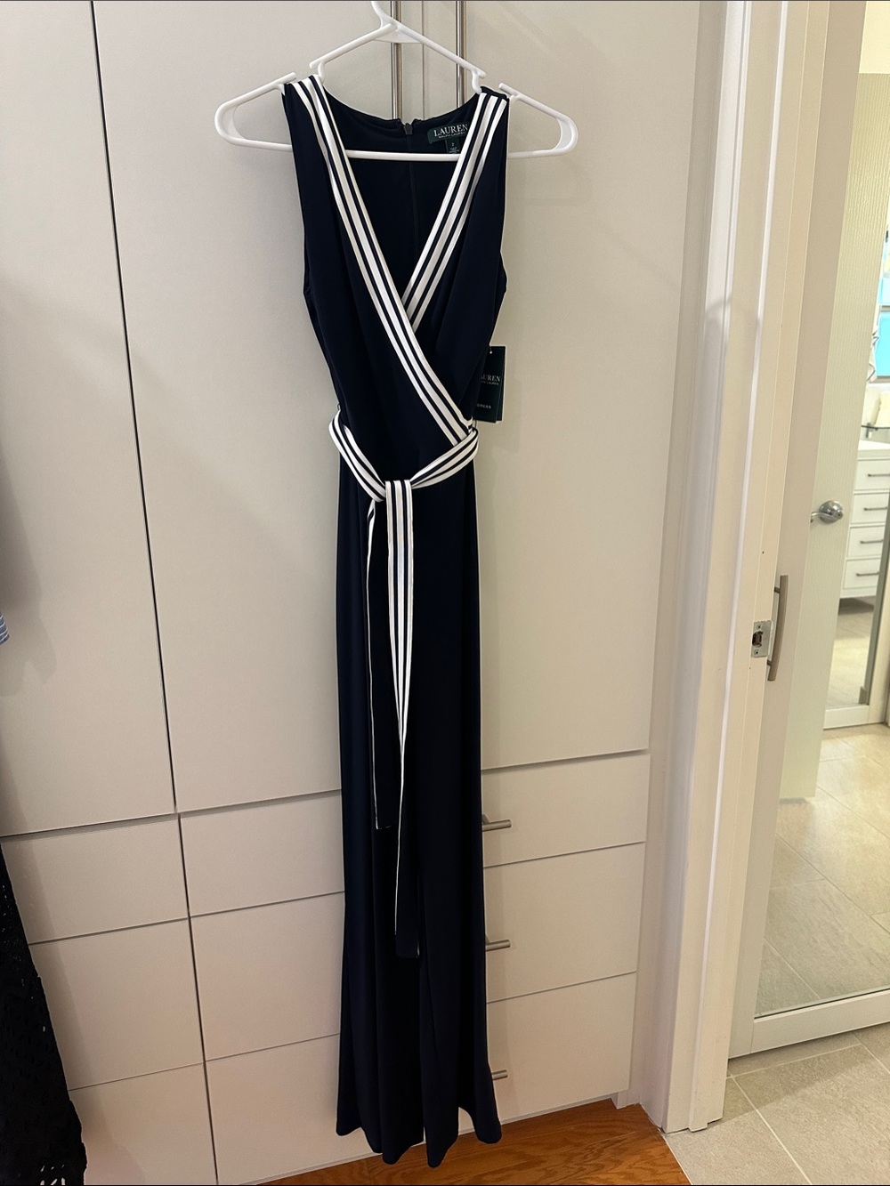 NWT Lauren Ralph Lauren Navy Jumpsuit with White Striped Trim